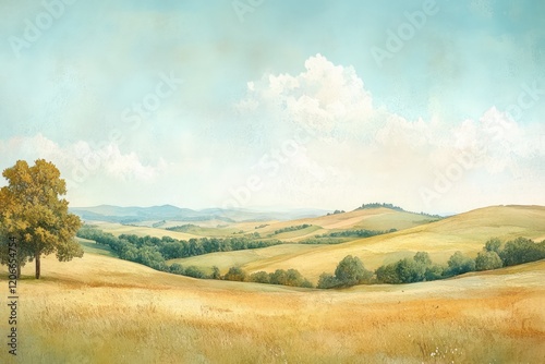 Serene countryside with rolling hills and soft pastels, the scene softly captured in delicate watercolor tones.