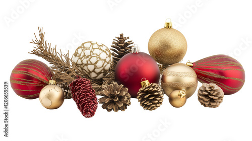 Red and gold Christmas baubles with festive accessories isolated on transparent background 