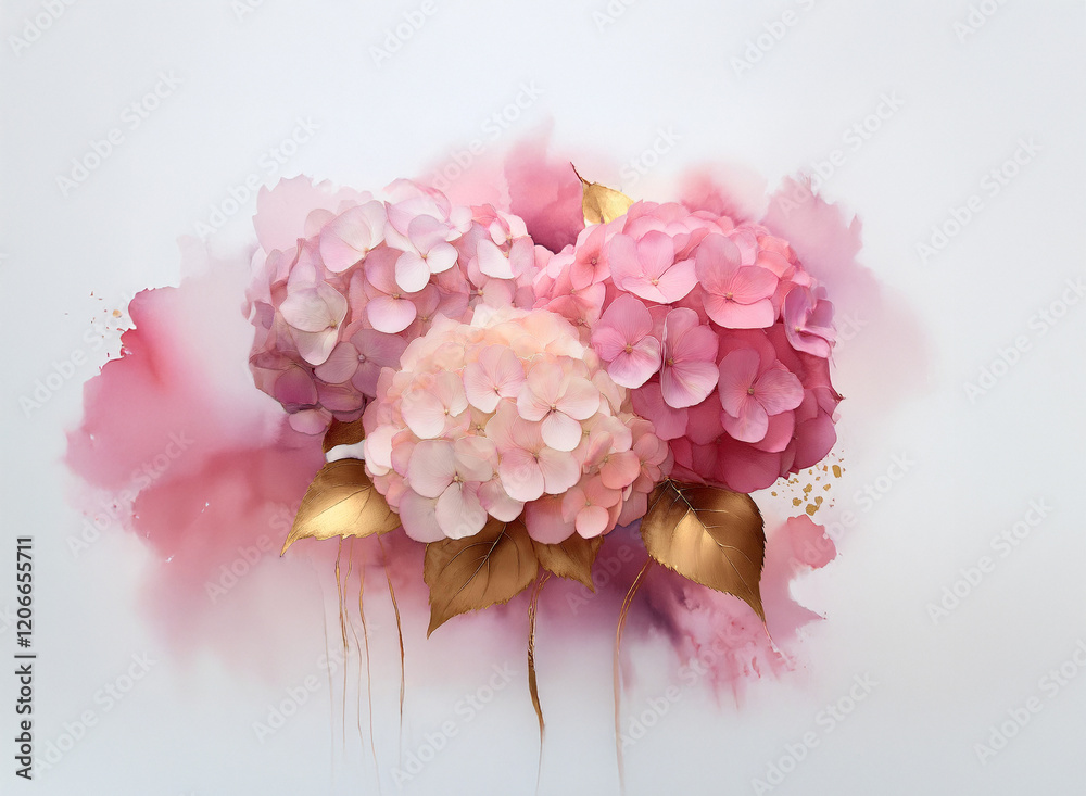 A cluster of pink and peach hydrangeas, accented with gold leaves, rests against a soft, watercolor-like background of pink and white. The image evokes feelings of serenity and elegance. A cluster of pink and peach hydrangeas, accented with gold leaves, rests against a soft, watercolor-like background of pink and white. The image evokes feelings of serenity and elegance.