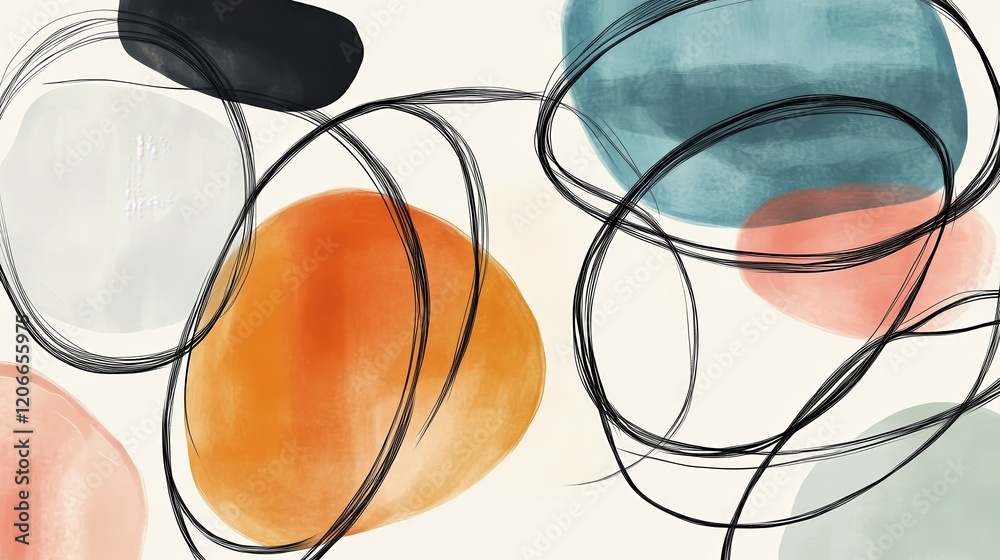 Abstract composition with colorful shapes and lines on a light background. Abstract composition with colorful shapes and lines on a light background.