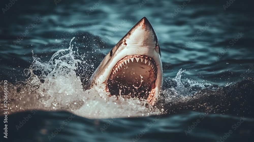 Fototapeta premium Great White Shark Breaching Ocean Surface Jaws Open