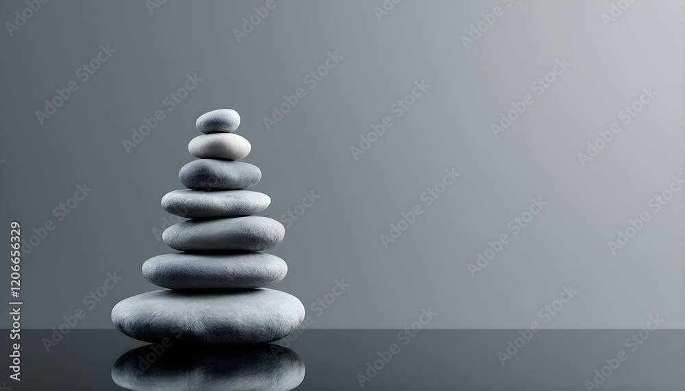 Fototapeta premium zen, stones, asymmetrical, stack, modern, matte, glossy, textures, polished, black, surface, reflections, subtle, gradient, gray, background, 8K, resolution, balance, harmony, calm, minimalist,
