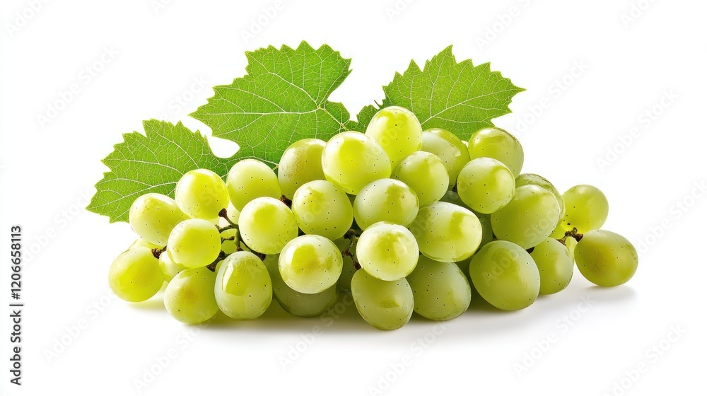 A Cluster of Fresh Green Grapes with Lush Leaves A Cluster of Fresh Green Grapes with Lush Leaves