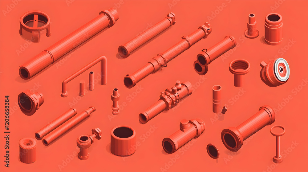 Naklejka premium Isometric view of various red industrial pipes and fittings against a coral background. Useful for engineering, manufacturing, and industrial design websites