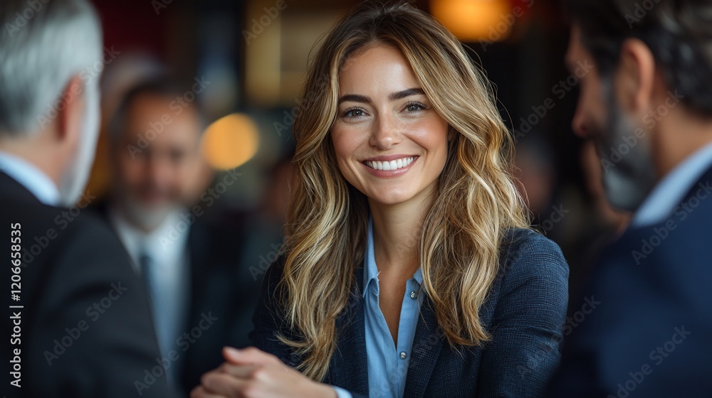 Confident businesswoman smiling, interacting with colleagues during a business meeting. Confident businesswoman smiling, interacting with colleagues during a business meeting.