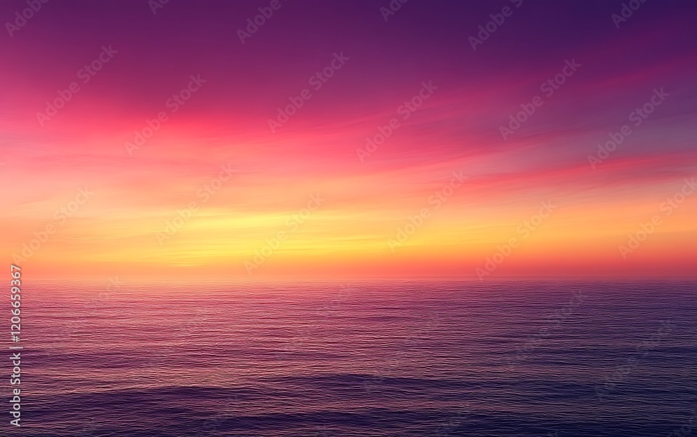 Vibrant ocean sunset, hazy horizon, calm sea, travel poster Vibrant ocean sunset, hazy horizon, calm sea, travel poster