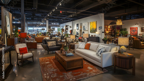 Contemporary furniture showroom with modern sofas, tables, and decor