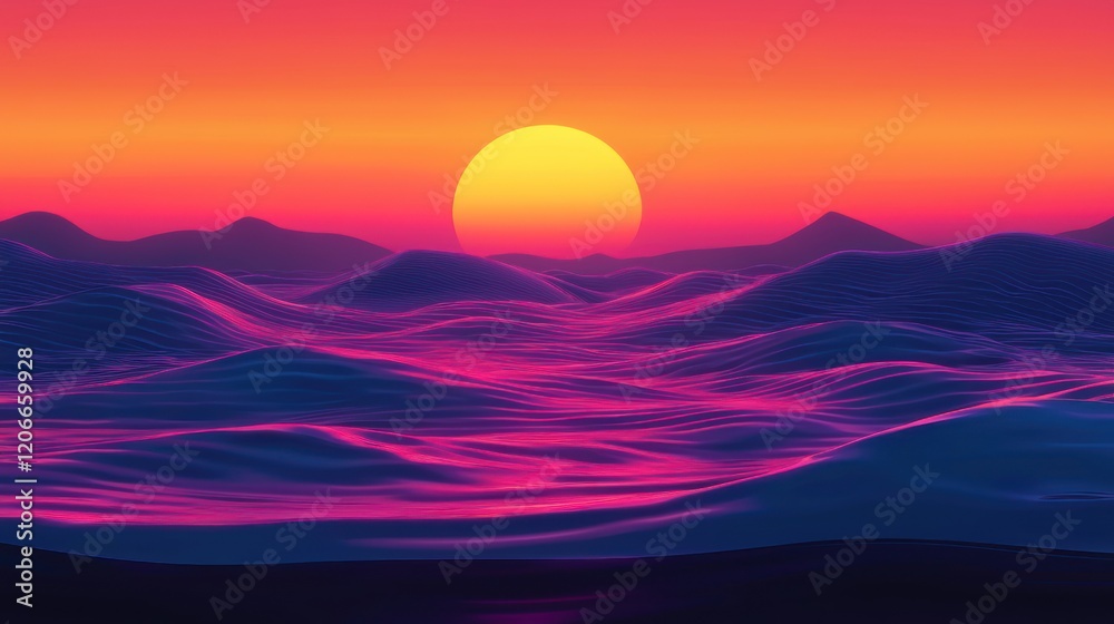 Fototapeta premium Synthwave Sunset Over Undulating Hills