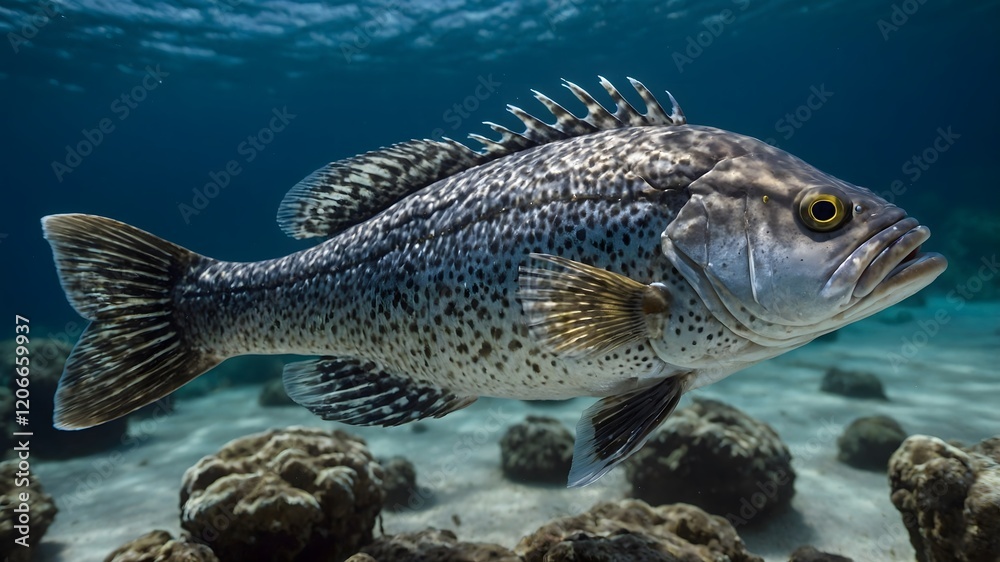 Fototapeta premium Intricate Detail: Giant Sea Bass with Small Fish Swimming Around in Colorful Waters