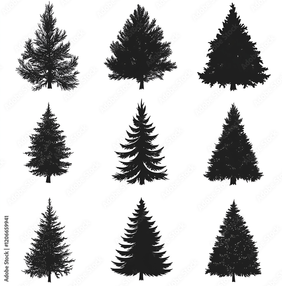Obraz premium pine tree silhouette set, black on white background. Pine trees collection 