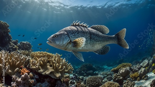 Giant Sea Bass Near Bleaching Coral Reef, Spotlighting the Need for Marine Conservation photo