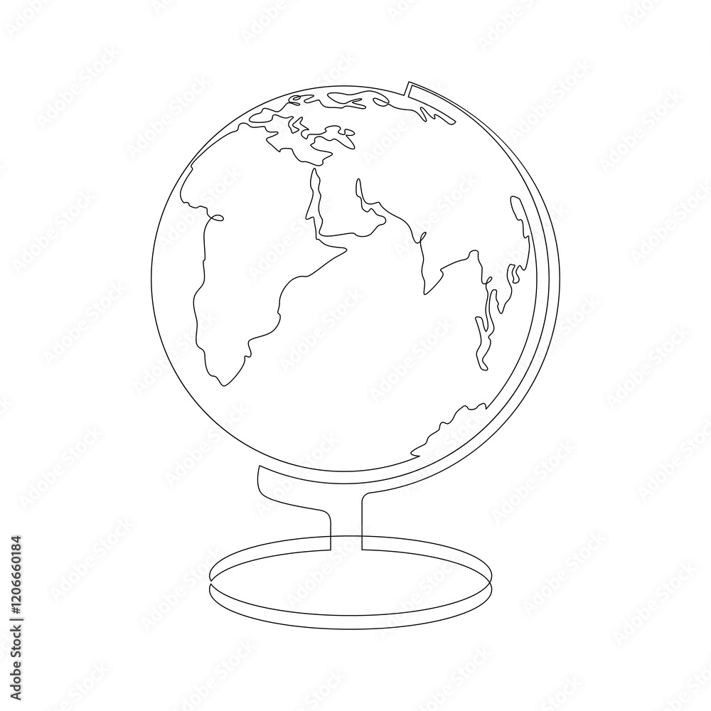 Globe desktop world map. One continuous drawing line, logo single hand drawn art doodle isolated minimal illustration. Globe desktop world map. One continuous drawing line, logo single hand drawn art doodle isolated minimal illustration.
