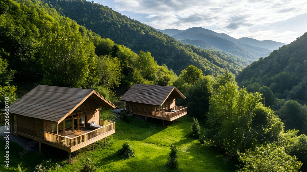 Mountain cabins, valley view, green landscape, tranquil getaway, perfect for travel brochures Mountain cabins, valley view, green landscape, tranquil getaway, perfect for travel brochures