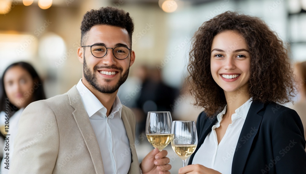 Two young business Two smiling individuals toast with glasses of champagne in a lively social setting, exuding joy and celebration. Two young business Two smiling individuals toast with glasses of champagne in a lively social setting, exuding joy and celebration.