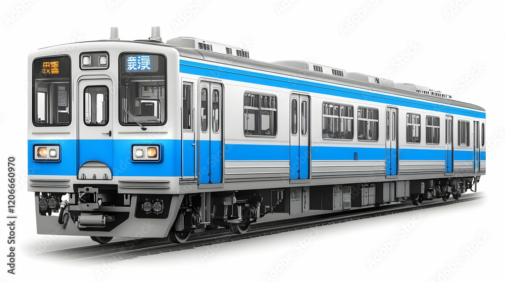 Fototapeta premium Blue commuter train, Japan, studio, white background, transport