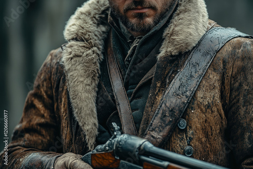 Man in fur coat holding rifle in snowy forest, intense expression.