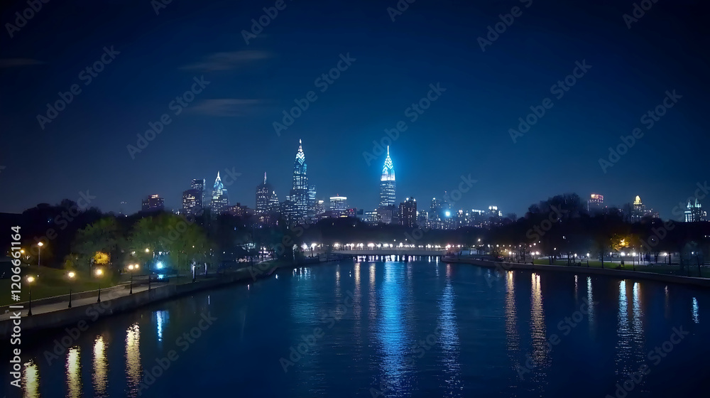 Night cityscape skyline reflecting in calm river, park trees and lights, urban landscape Night cityscape skyline reflecting in calm river, park trees and lights, urban landscape