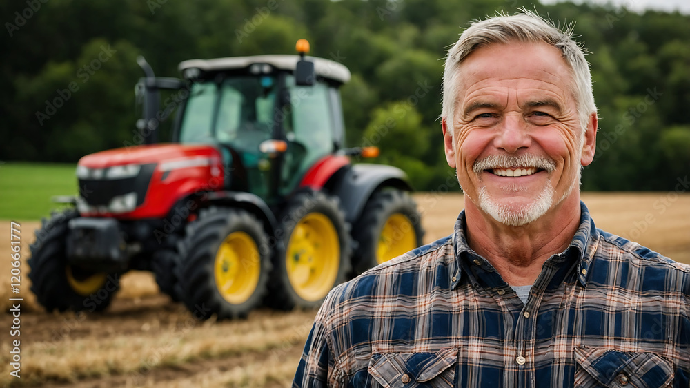 Smiling farmer in front of his tractor in his field during a sunny day Smiling farmer in front of his tractor in his field during a sunny day