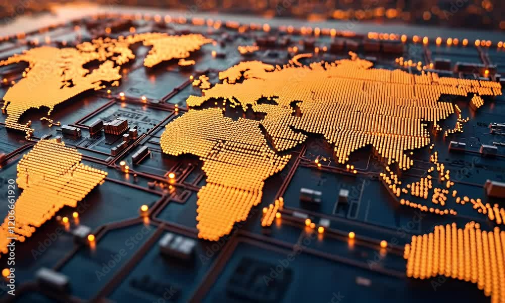 Global network, digital map, circuit board, city lights, connection