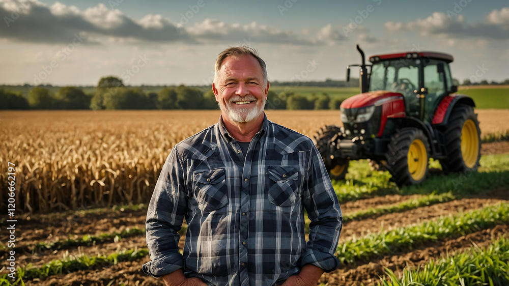 Smiling Farmer Standing Proudly in Field with Tractor on Background at Sunset Smiling Farmer Standing Proudly in Field with Tractor on Background at Sunset