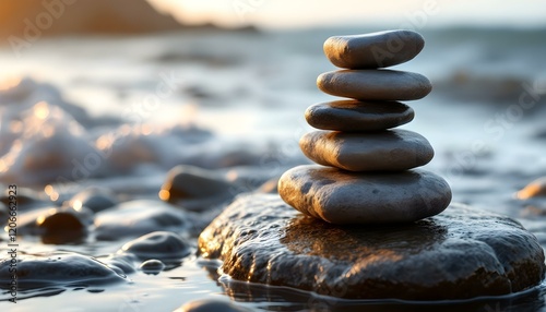 zen, stones, tall, stack, irregular, shapes, rugged, textures, smooth, rock, seashore, wet, waves, gentle, washing, reflections, soft, goldenhour, sunlight, warm, hyperrealistic, detail, serene
