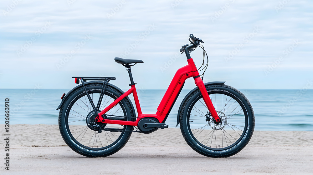 Red electric bike on sandy beach, ocean background; eco-friendly transport, summer leisure Red electric bike on sandy beach, ocean background; eco-friendly transport, summer leisure