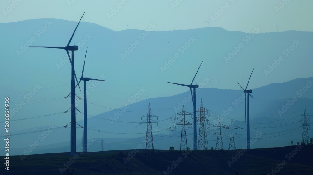 Wind turbines generating power, mountain backdrop, energy Wind turbines generating power, mountain backdrop, energy