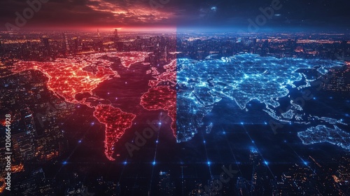 A digital representation of a divided world map illuminated by red and blue lights, symbolizing conflict