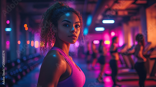 Portrait of beautifull black woman in gym with dynamic vibrant lighting