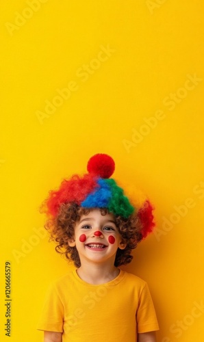 A cheerful child with curly brown hair smiles, wearing a colorful clown hat and red dots on the cheeks against yellow background