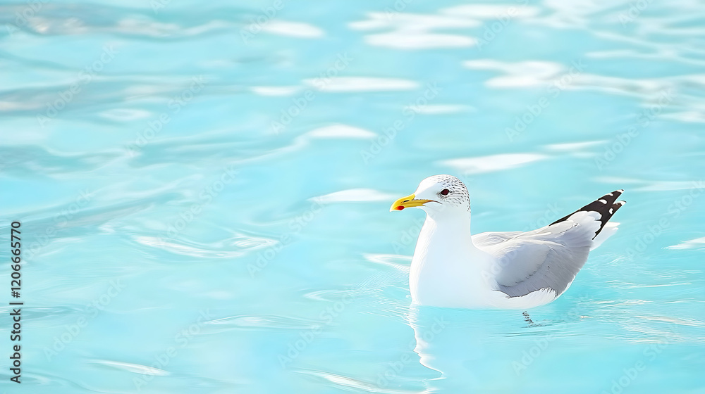 Seagull floating on calm turquoise water, sunny day, coastal background. Perfect for travel, nature, wildlife websites Seagull floating on calm turquoise water, sunny day, coastal background. Perfect for travel, nature, wildlife websites