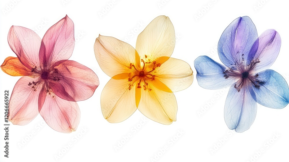 Fototapeta premium Colorful transparent flowers on a white background