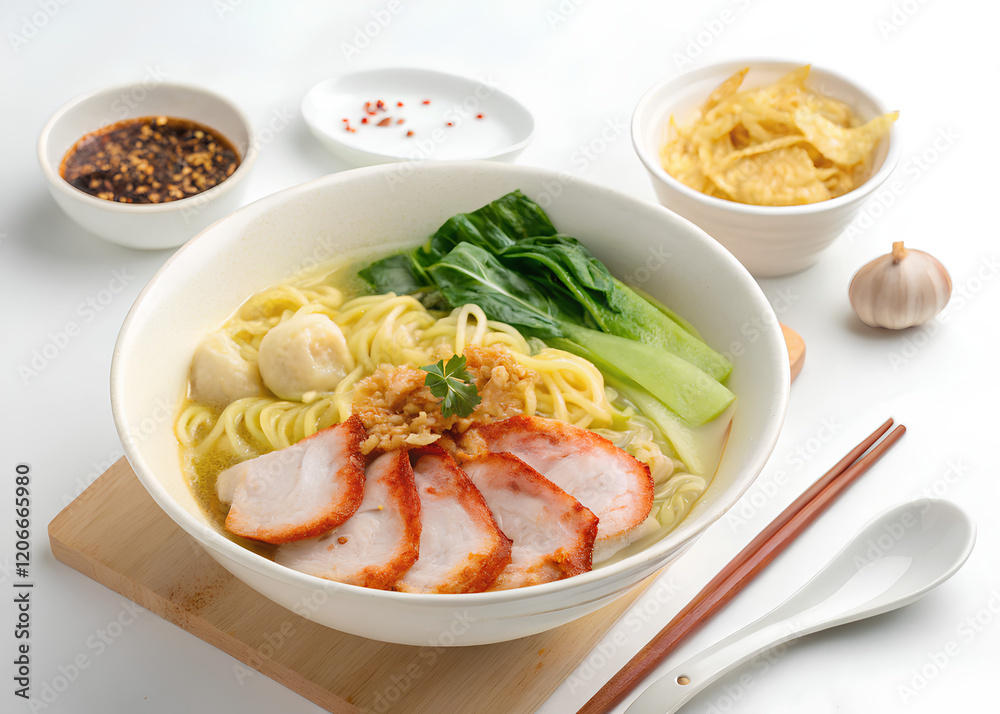 Delicious bowl of Thai-style pork wonton noodle soup, Egg Noodle with Grilled Red Pork. The setting is on isolated white, Cot out Delicious bowl of Thai-style pork wonton noodle soup, Egg Noodle with Grilled Red Pork. The setting is on isolated white, Cot out