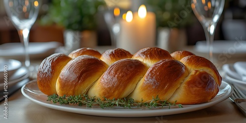 Plate of buttery  traditional Jewish Challah braided bread bun loaf for Shabbat and the Sabbath