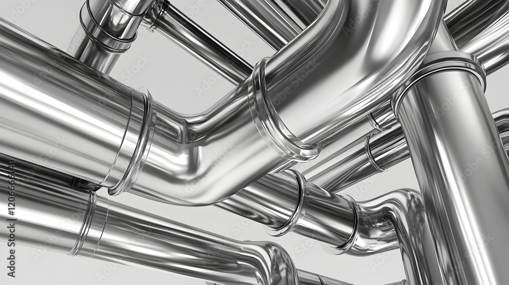 Shiny chrome pipes intricate network, industrial background, website header Shiny chrome pipes intricate network, industrial background, website header