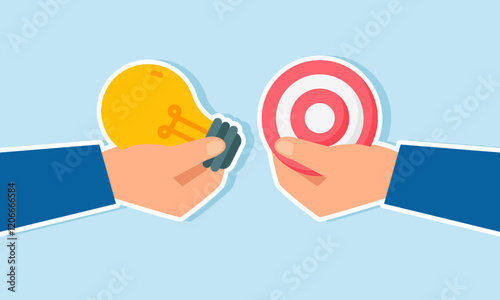 Two hands intending to exchange items, the first hand holds a lamp and the second holds a target board, illustration of an idea for business target efficiency and effectiveness