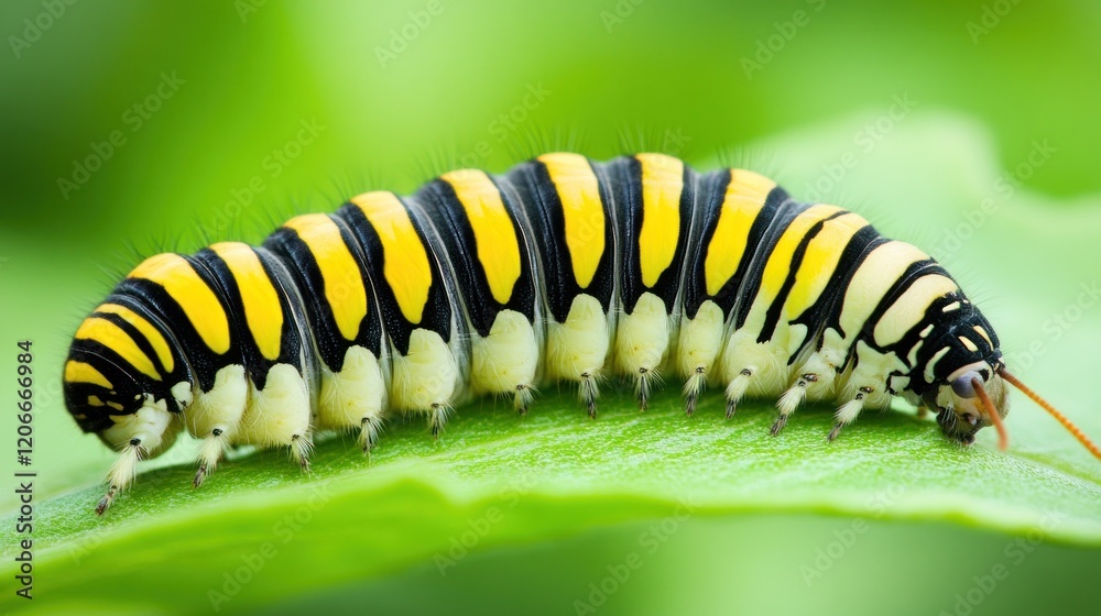 Vibrant Yellow and Black Caterpillar on a Lush Green Leaf Vibrant Yellow and Black Caterpillar on a Lush Green Leaf