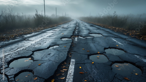 Foggy road with potholes and cracks on the damaged asphalt surface under grey skies