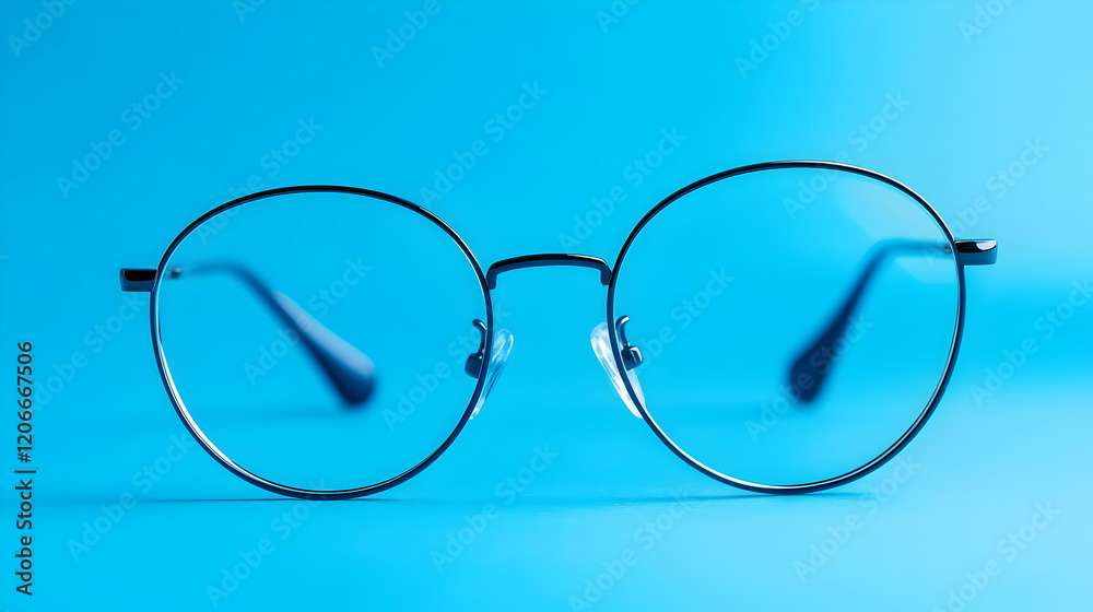 Stylish round glasses on a blue background.