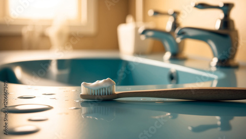 a worn, angled toothbrush with a generous dollop of white, foamy toothpaste coating the soft, gentle bristles, resting tranquilly on a sleek, cool-toned bathroom sink countertop with water spot.