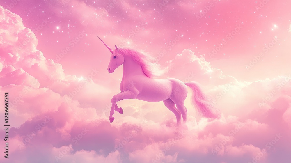 A magical unicorn leaps through pink clouds in a dreamy, whimsical landscape. A magical unicorn leaps through pink clouds in a dreamy, whimsical landscape.