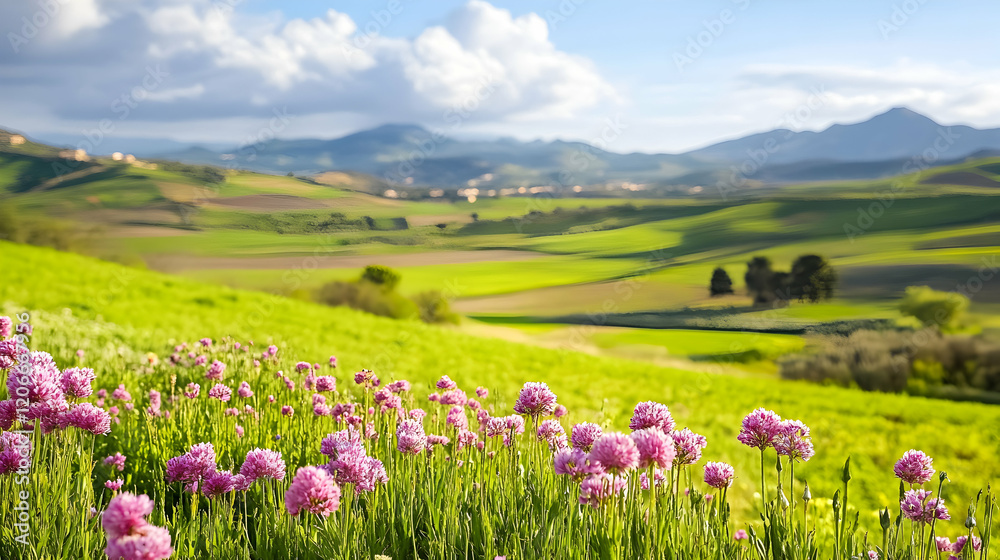 Springtime Sicilian hills, wildflowers, rural landscape, idyllic scenery; perfect for travel brochures Springtime Sicilian hills, wildflowers, rural landscape, idyllic scenery; perfect for travel brochures
