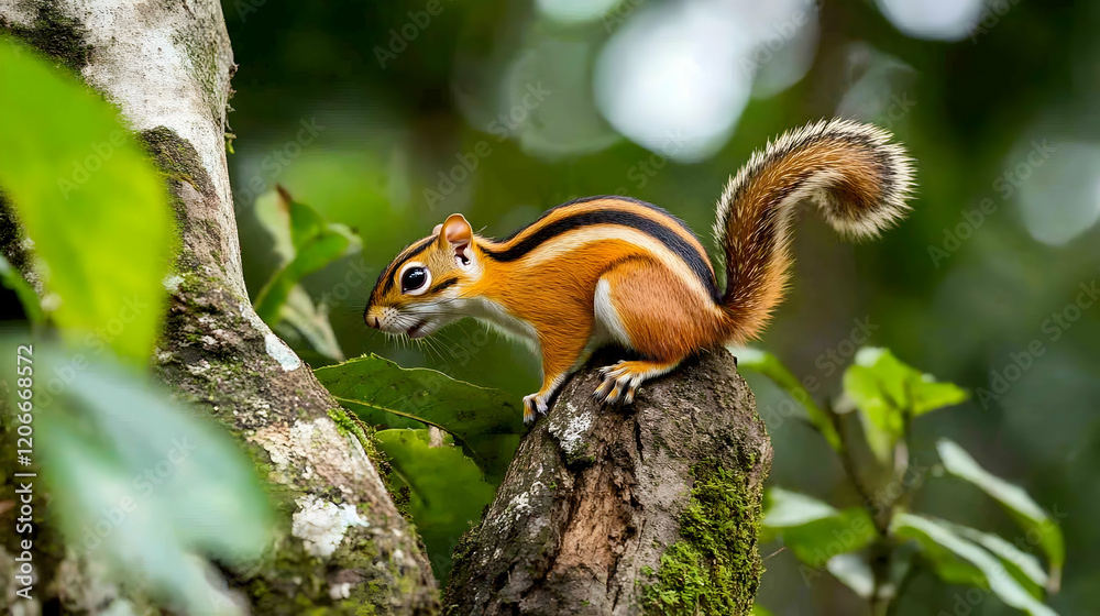 Stripe-tailed squirrel perched on mossy tree branch, lush green forest background, wildlife photography for nature publications Stripe-tailed squirrel perched on mossy tree branch, lush green forest background, wildlife photography for nature publications