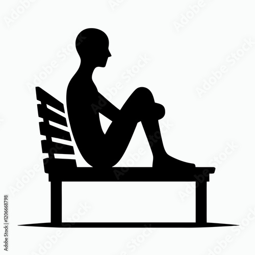 Sitting on a bench with hands on knees silhouette in black on a white background