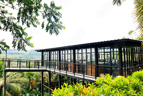 Fototapeta Naklejka Na Ścianę i Meble -  Modern glass building elevated above tropical vegetation on a clear day