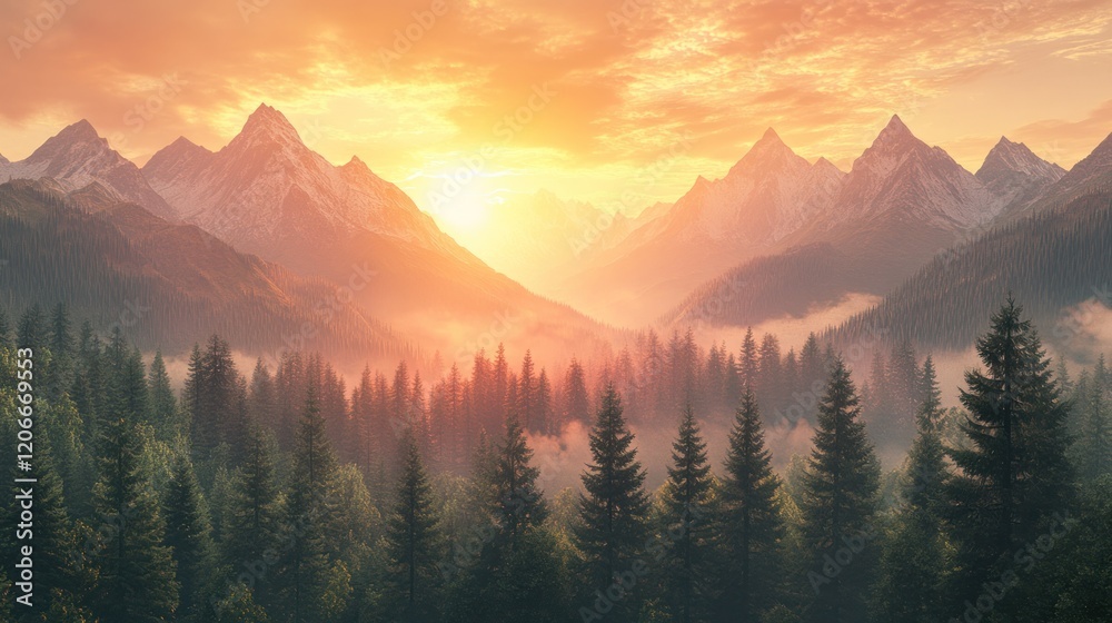 Obraz premium Majestic Sunset over Misty Mountain Peaks and Evergreen Forest