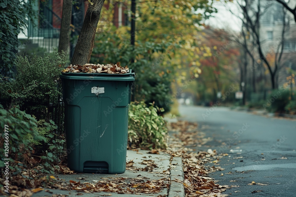 Green trash can overflowing with autumn leaves on a residential street. Green trash can overflowing with autumn leaves on a residential street.