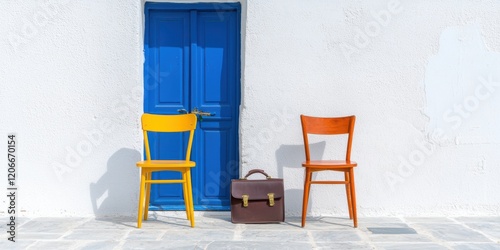 A bright blue door stands against a white wall, flanked by a yellow and orange chair, with a brown bag resting on the ground.