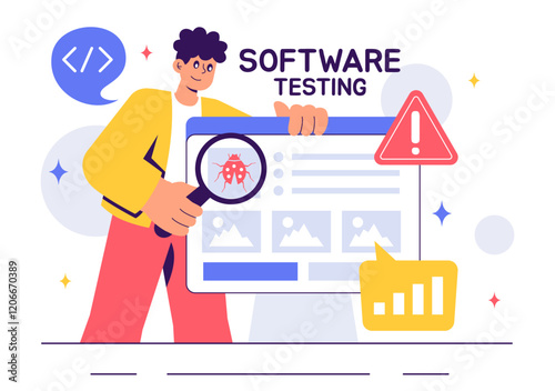 Software Testing Vector Illustration featuring Application Engineering, Debugging Processes, Development Workflow, Programming, and Coding