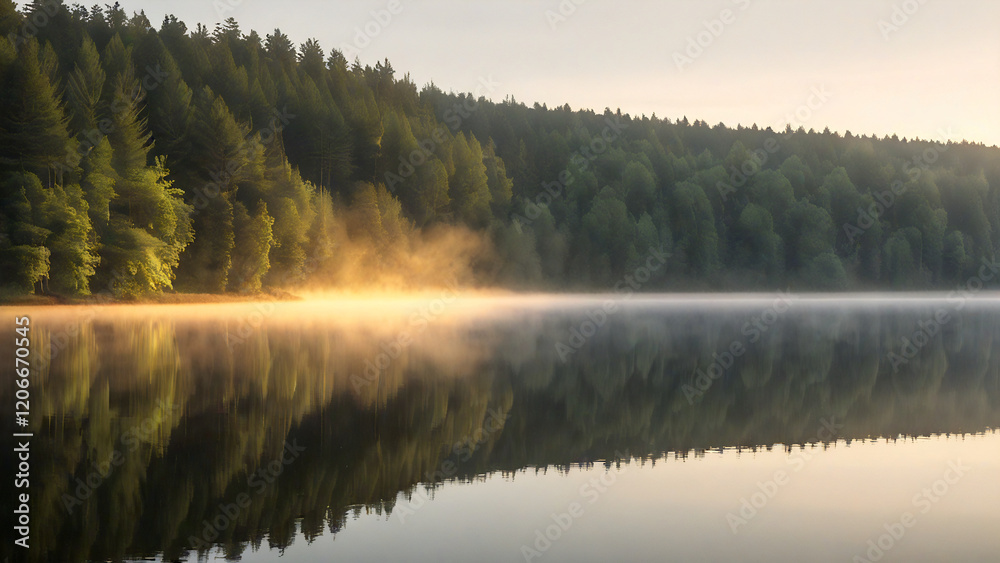 Fototapeta premium Tranquil forest riverbank at sunrise.